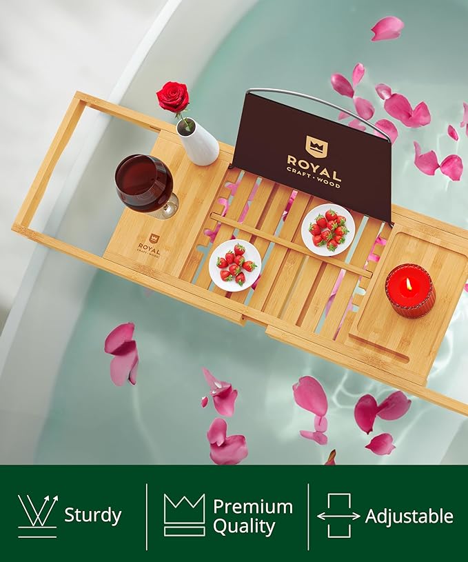 ROYAL CRAFT WOOD Premium Foldable Bathtub Tray Caddy - Wood Bath Tray for Tub, Bamboo Shelf, Expandable Bath Table Trays, Bathtub & Bathroom Accessories for New Home & Mothers, Birthday Gifts for Mom