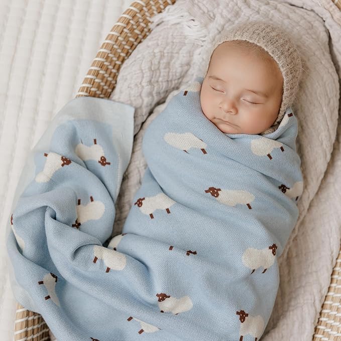 Knit Baby Swaddle Blanket for Boys - 100% Cotton Soft Cozy Lightweight Receiving Swaddling Stroller Quilt Blanket for Newborns Infants Toddlers (Sheep - Baby Blue)