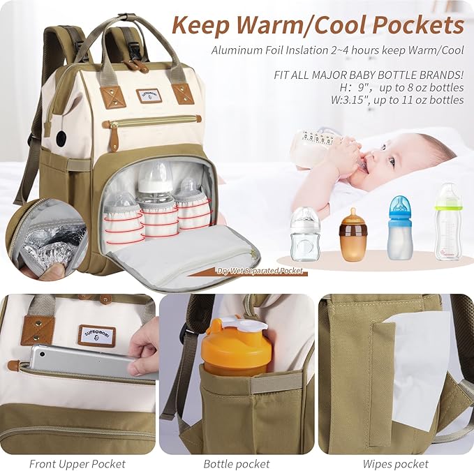 Diaper Bag Backpack: Tote Baby Bag for Boy and Girl, Large Mommy Bag Insulated Pockets Charger Holes for Men and Women, Nappy Bag for Baby Airplane Traveing Beige khaki