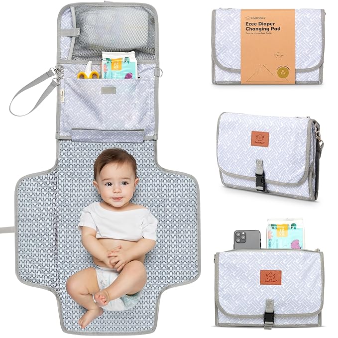 KeaBabies Portable Diaper Changing Pad - Large Waterproof Baby Changing Mat, Compact Travel Diaper Clutch, Functional Pockets Fit Newborn Essentials, Wipeable & Padded Baby Changer (Gray Mod)