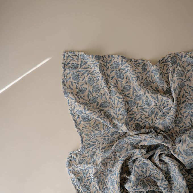 mushie Muslin Baby Swaddle Blanket | 100% Organic Cotton (Blue Flowers)