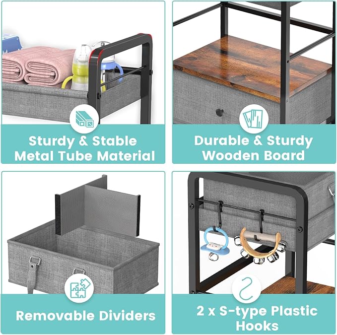2IN1 Baby Diaper Caddy Organizer & 4-Tier Rolling Cart, Bedside Cart for Baby Essentials Nursery With Drawers, Metal Mobile Diaper Caddy Cart with Wheels, Storage Basket with Dividers for Baby Shower