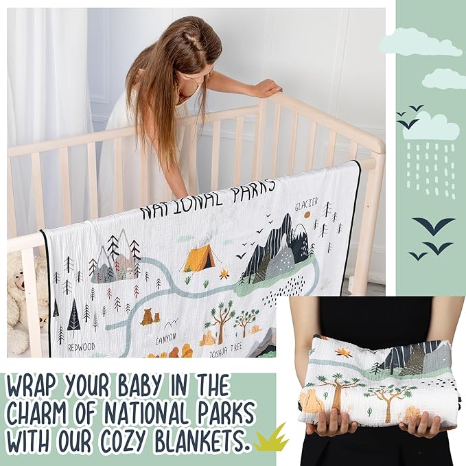National Parks Muslin Blanket 47 x 47 Inch Soft Warm Cotton Muslin Swaddle Blanket Nursery Swaddling Wrap Quilt for Bedding Gift, Cold Weather, Adventure Hiking Camping Lovers