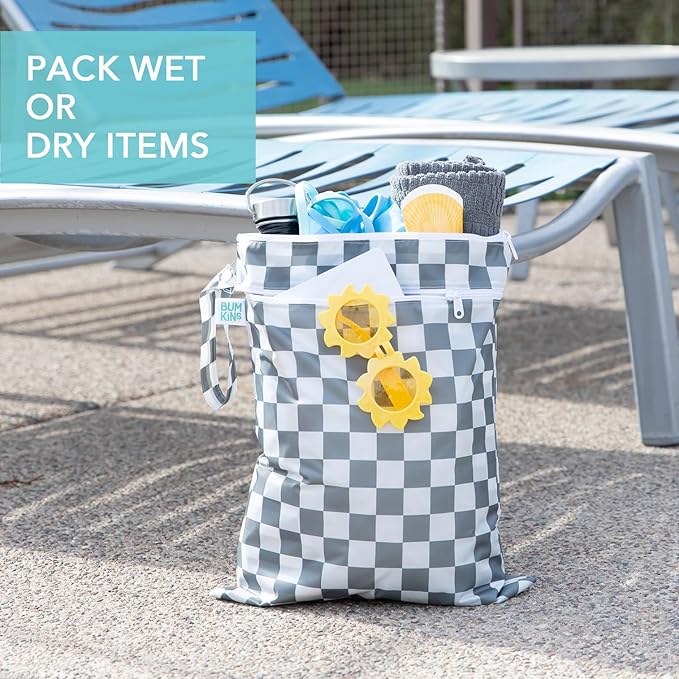 Bumkins - Waterproof Wet Bag, Wet/Dry Clutch & Clear Travel Bags - For Beach, Baby, Travel, Cloth Diapers, Pump Parts, Pool, Gym, Toiletries - Reusable & Easy to Clean - Gray Check - 5 Pack