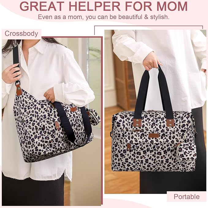 Diaper Bag Tote - Diaper Baby Bags with Pacifier Case, Shoulder Straps, Stroller Clips, Waterproof Large Mommy Maternity Travel Baby Bag for Mom and Dad, Leopard, Medium