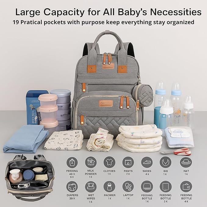 Baby Diaper Bag with Changing Station, Waterproof Diaper Bag Backpack for Mom/Dad, Baby Shower Gifts, w/USB Charging Port, Insulated Bottle Holders & Pacifier Case, XL Storage Backpack, Grey