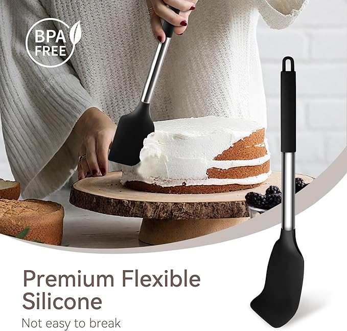 28 Pcs Silicone Cooking Utensils Set with Holder, Spatula Set, Silicone Whisk, Scissors, Measuring Cups and Spoons Set with Stainless Steel Handle Kitchen Gadgets (Black)