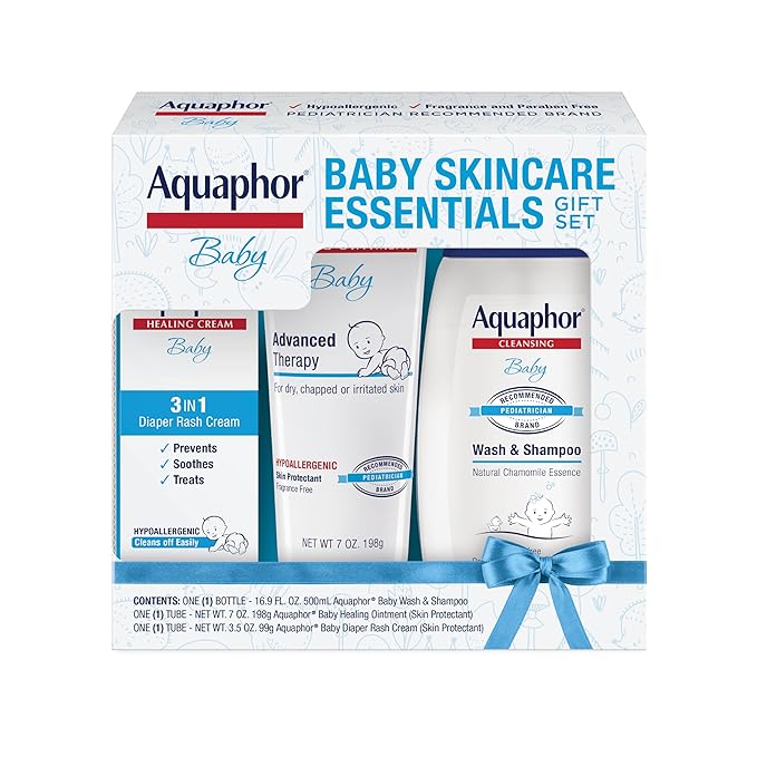Aquaphor Baby Skin Care Essentials Gift Set with Baby Wash and Shampoo (16.9 Fl Oz) + Healing Ointment for Chapped Skin and Drool Rash (7Oz) + Diaper Rash Cream (3.5Oz), Hypoallergenic