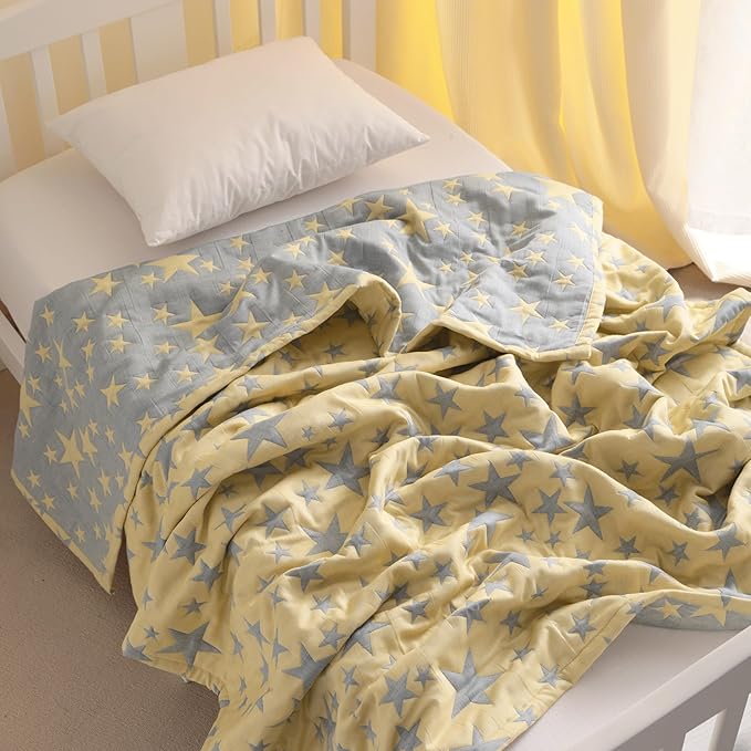 NTBAY 3 Layer Toddler Blanket, Muslin Cotton Jacquard Bed Blankets, Lightweight Thermal Baby Blanket, Super Soft and Warm Crib Blanket for All Seasons, Decoration Gift, 45"x60", Blue and Yellow Star