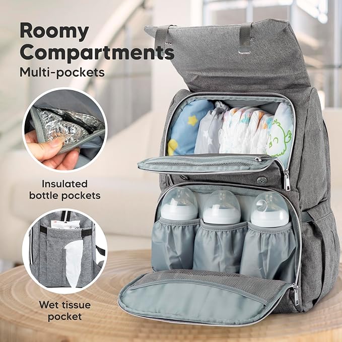 KeaBabies Baby Diaper Bag Backpack, Travel - Large Baby Bag for Mom and Dad, Waterproof, Multi-Function Girl Boy Diaper Backpack with Changing Pad, Durable Travel Essentials (Classic Gray)
