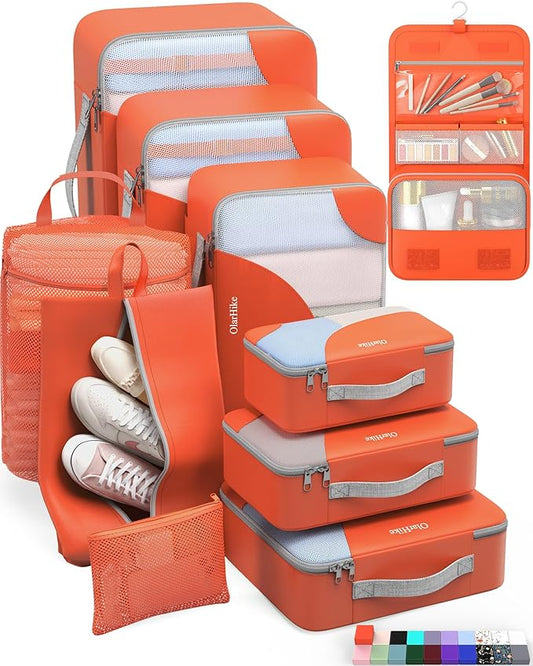 ALL INCLUDED 10 Set Durable Packing Cubes for Suitcases,OlarHike Essentials for Travel,UPGRADED Anti-Tear Stitching, NEW Improved Luggage Packing Organizers for Travel Accessories (Sunset Orange)