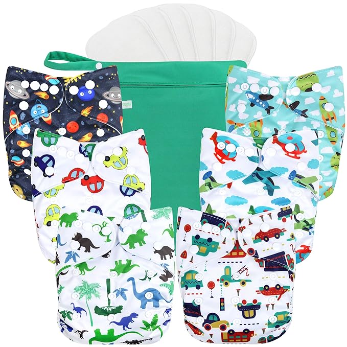 wegreeco Cloth Diapers 6 Pack with 6 Inserts & 1 Wet Bag, Washable Cloth Diapers for Babies, One Size Adjustable Reusable (Car, Airplane)