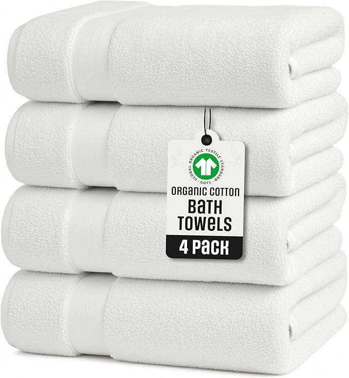 TOWELTIQUE- Organic Cotton Plush Bath Towels Pack of 4 GOTS & Oeko- TEX Certified | Premium Soft, Absorbent & Quick-Drying Towels for Bathroom, Gym, Spa & Hotel Use – Ivory