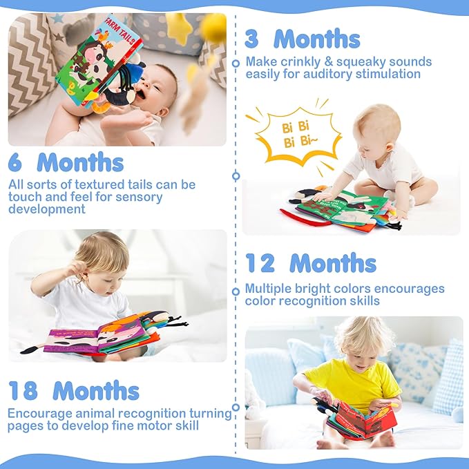 beiens Soft Toys Baby Cloth Books, Touch and Feel Crinkle Books for Babies, Infants & Toddler, Early Development Interactive Car Toys & Stroller Toys for Boys & Girls (Farm Tails-1 Book)