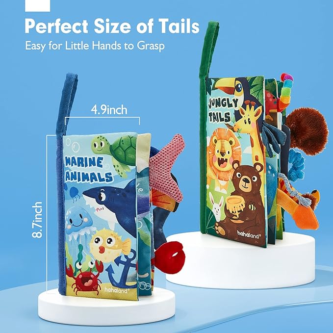 hahaland Baby Toys 0-6 Months - Crinkle Books for Babies 2PCS, Cloth Texture Tails Sensory Book 6-12 Months, Soft Tummy Time Toys 3 4 5 Month Newborn Infant Boys Gifts Christmas Baby Stocking Stuffers
