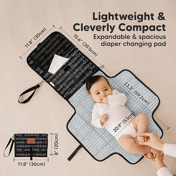 KeaBabies Portable Diaper Changing Pad - Large Waterproof Baby Changing Mat, Compact Travel Diaper Clutch, Functional Pockets Fit Newborn Essentials, Wipeable & Padded Baby Changer (Pixel)