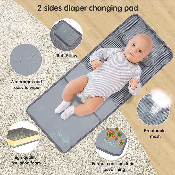 DERJUNSTAR Diaper Bag Backpack – Large Capacity Baby Diaper Bag with Changing Pad, Waterproof Travel Backpack for Boys & Girls, Multi-Function Baby Bag with USB Charging Port, Grey