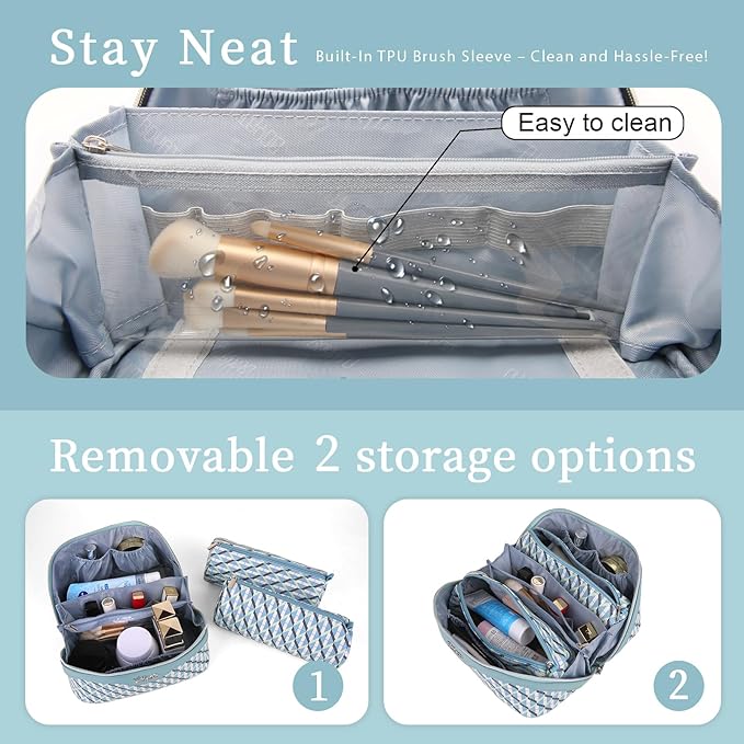 BOYATU Travel Makeup Bags for Women: Large Capacity Cosmetic Bag Set of 3 - Vegan Leather Make up Bags with Compartments - Wide Open Waterproof Toiletry Organizer Bag with Handle (B-02-Blue)