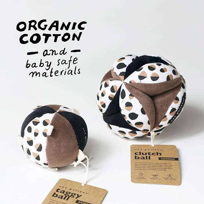 Wee Gallery Taggy Ball with Rattle, Soft Sensory Baby Toy, Sensory Ball with Organic Cotton Fabric, Little Tags & Gentle Rattle for Tummy Time, Grasping & Developmental Play, Acorns