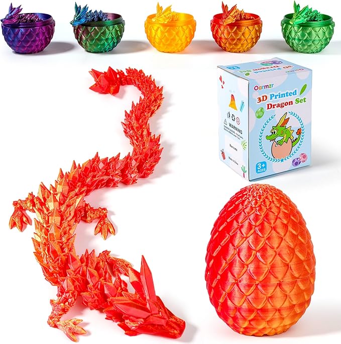 12''3D Printed Dragon and 4.73''Egg - 3D Printed Toys, Articulated Crystal Dragon Egg with Dragons Inside Fidget Toy, Decor Dragons Collectible Figurines (Red Gold,12inch)