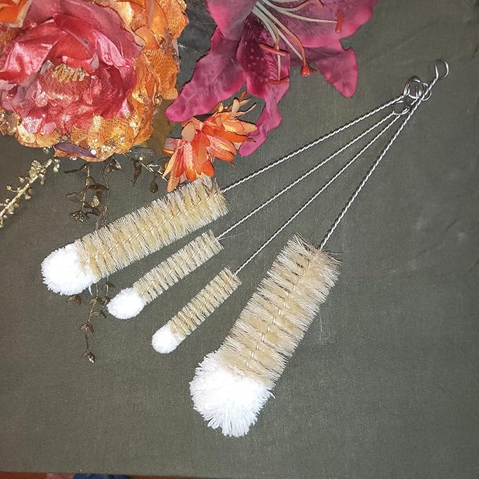 NewFerU Stainless Steel Soda Bottle Cleaning Brush Set in Natural Boar Bristle Wool Tip Long Handle, Flexible Bendable Thick Wire Cleaner for Narrow Neck Water Baby Bottles Straw Pipe Tube Flask (4)