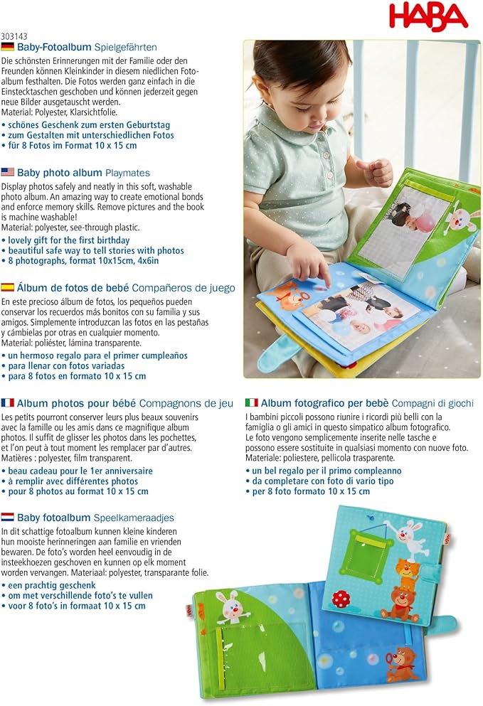 HABA My First Photo Album - Soft Fabric Baby Book, Baby Album Fits (8) 4"x6" Photos, Sensory Toys for Babies, Baby Books 12-18 Months & Up