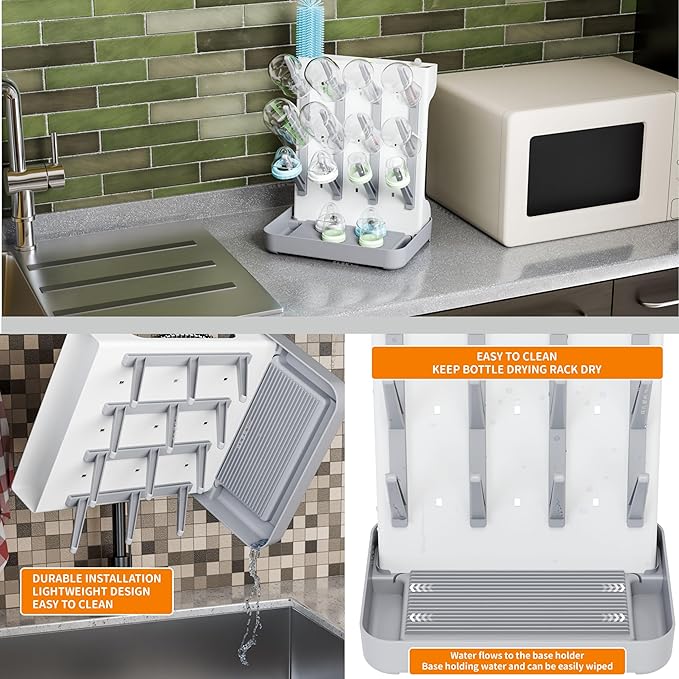 SuoXing Vertical Baby Bottle Drying Rack,Space Saving Countertop Baby Drying Rack for Bottles,Large Baby Bottle Station Stand,Bottle Rack Dryer for Brushes,Pacifiers,Baby Accessories Organizer,Grey