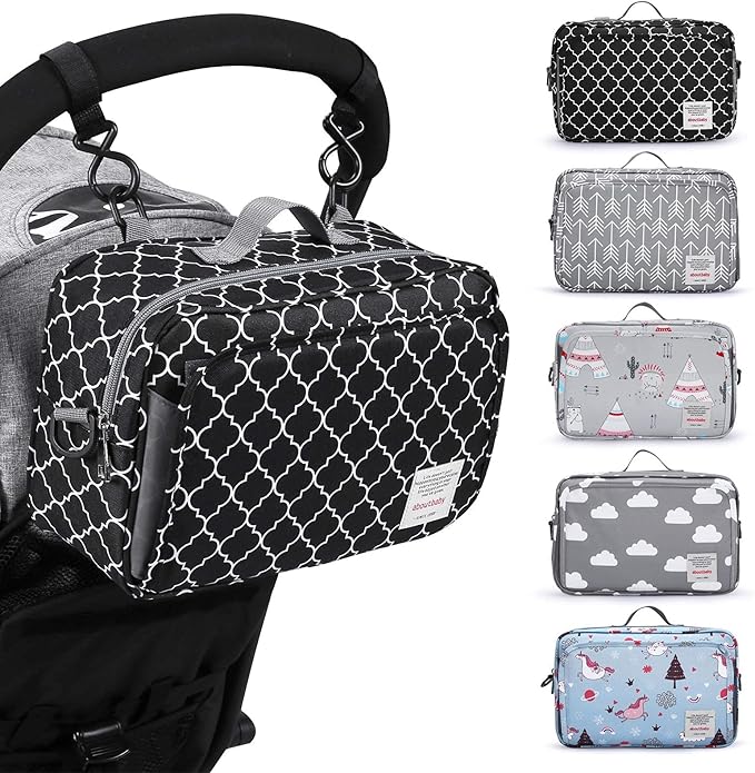 Small Diaper Bag, Mini Stroller Organizer Accessory with Wipe Pockets Caddy Parent Console with Hook Fit All Strollers, Black