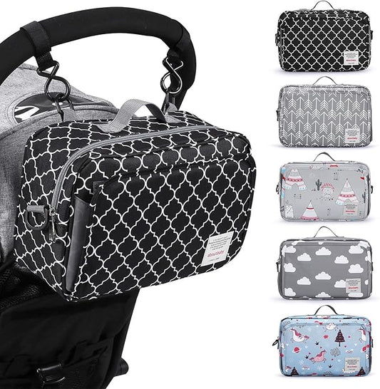 Small Diaper Bag, Mini Stroller Organizer Accessory with Wipe Pockets Caddy Parent Console with Hook Fit All Strollers, Black