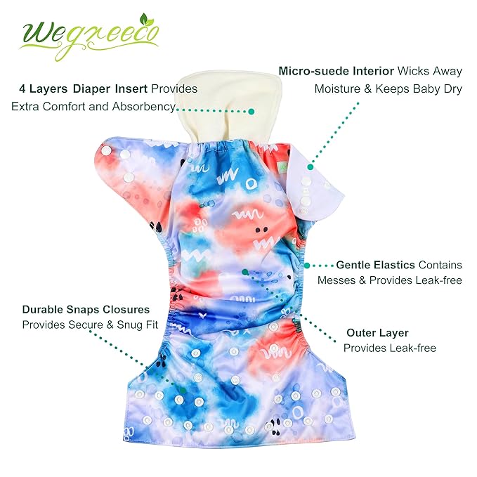 wegreeco Cloth Diapers 6 Pack with 6 Inserts & 1 Wet Bag, Washable Cloth Diapers for Babies, One Size Adjustable Reusable (Tie-dye, Ink)