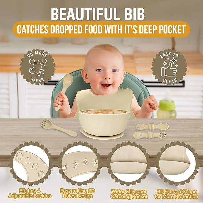6 Piece Baby Bowls With Suction and Lids | Toddler Bowl Set with 1 Bowl, 1 Bib, 2 Baby Spoons, 1 Large Spoon, 1 Large Fork, Baby Feeding Essentials (1, Cream)