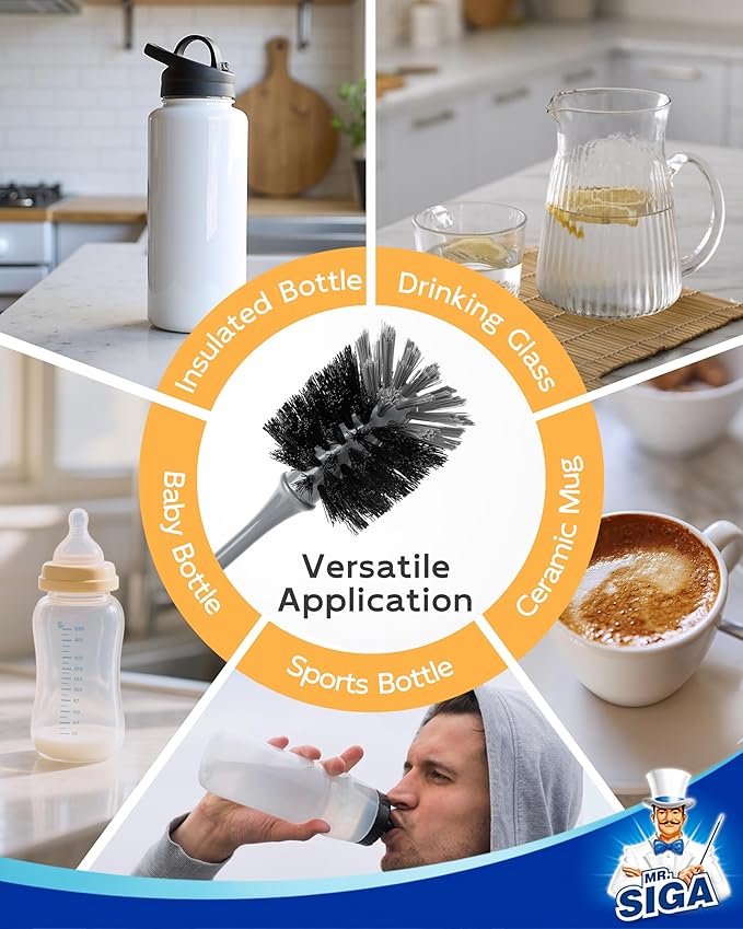 MR.SIGA Water Bottle Brush, Long Handle Bottle Brush for Water Glasses, Baby Bottles, Sports Bottles Cleaning, Gray, 2 Pack