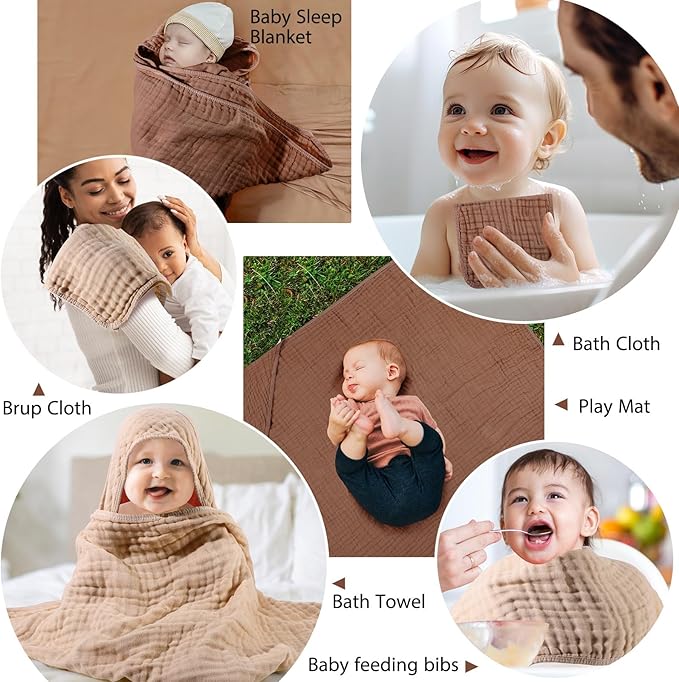VitalCozy 6 Pcs Baby Muslin Hooded Bath Towels and Washcloths Muslin Cotton Hooded Baby Towels Absorbent Blankets for Gift Newborn Infant Shower (32 x 32 Inch,Brown,Coffee)