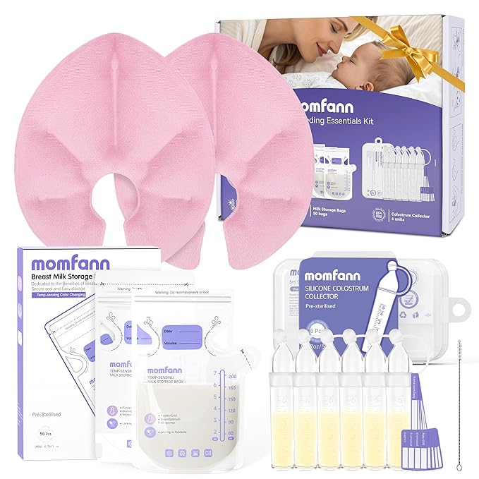 Breastfeeding Essentials Kit for New Moms,Gift Set with Reusable Hot&Cold Breast Therapy Packs/Breastmilk Storage Bags/Silicone Colostrum Collectors for Baby Essentials (Pink)