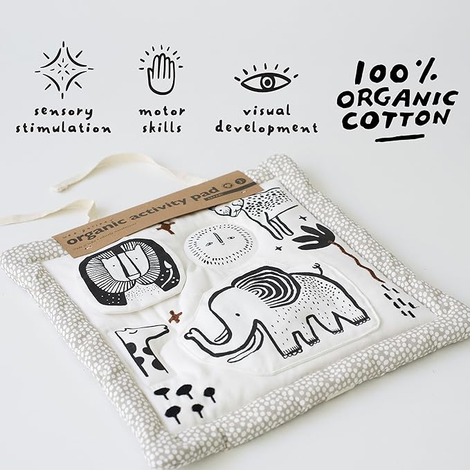 Wee Gallery Safari Activity Pad Organic Baby Play Mat with Sensory Toys, High Contrast Newborn Essentials Soft Tummy Time Mat for Babies 0-12 Months, Visual and Motor Skill Development Toy