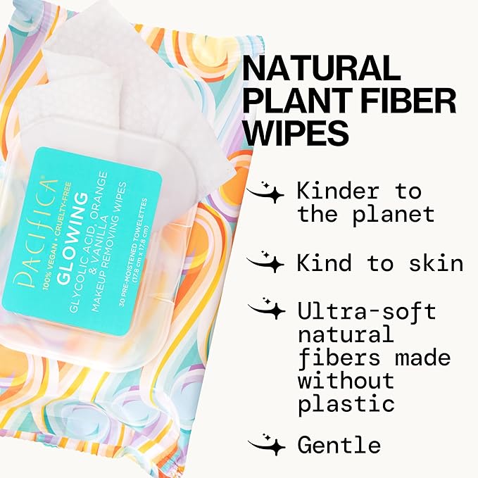 Pacifica Beauty | Glowing Makeup Remover Wipes | Gycolic Acid, Coconut Water, Aloe Infused | Daily Cleansing + Exfoliating | Clean Skin Care | Plant Fiber Facial Towelettes | 4 Count | Vegan