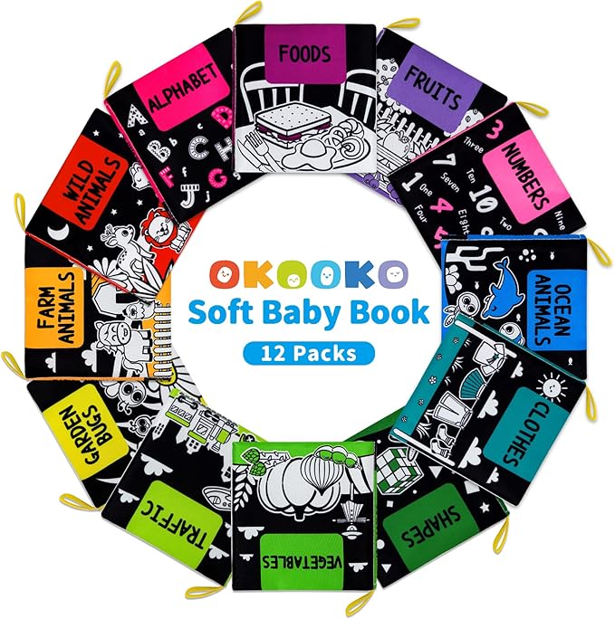 OKOOKO 12PCS Soft Baby Books Black and White High Contrast Soft Cloth Bath Books Crinkle Washable Non-Toxic Early Education Preschool Learning Toy for Newborns Babies Infants Toddlers Kids