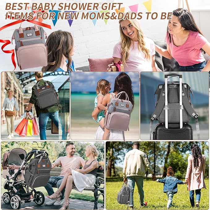 Diaper Bag Backpack: Tote Baby Bag for Boy and Girl, Large Mommy Bag Insulated Pockets Charger Holes for Men and Women, Nappy Bag for Baby Airplane Traveing Pink Gray
