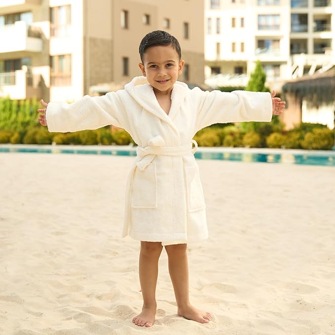 BAGNO MILANO Kids Organic Turkish Cotton Hooded Beach Cover-Up Towel, GOTS Certified, for Boys and Girls (Cream, 7-8 Years)