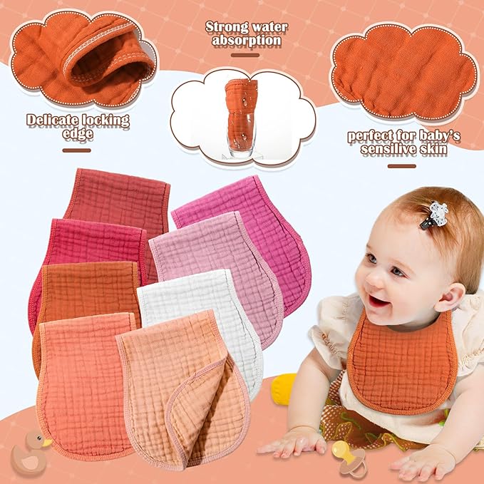 Frienda 8 Pieces Muslin Burp Cloths for Baby Cotton Burp Cloth 10 x 20 Inches Multi Colors Muslin Washcloths Diapers 4 Absorbent Layers Newborn Face Towels for Baby Boy Girl Unisex (Sweet Color)
