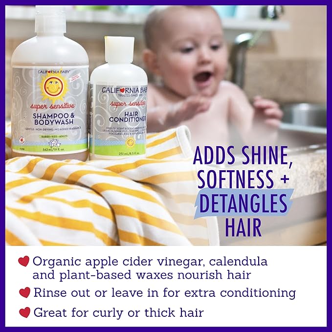 California Baby Super Sensitive Baby Shampoo and Conditioner Set | 100% Plant-Based Baby Bath Set | 19oz Unscented Body Wash + 8.5oz Conditioner |