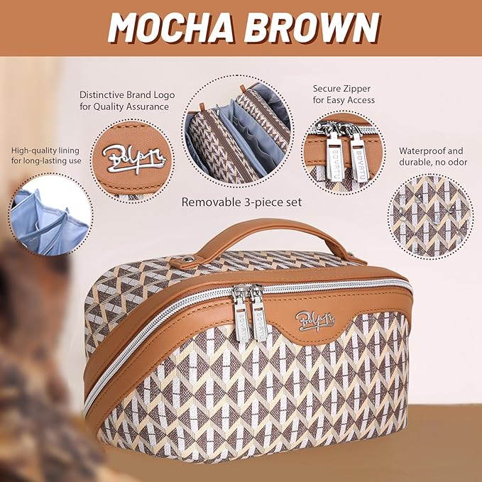 BOYATU Travel Makeup Bags for Women: Large Capacity Cosmetic Bag Set of 3 - Vegan Leather Make up Bags with Compartments - Wide Open Waterproof Toiletry Organizer Bag with Handle (B-05-Brown)