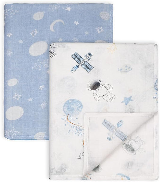 GLLQUEN BABY Muslin Swaddle Blankets Breathable Receiving Blankets (35" x 40") 2-Pack Soft Baby Blankets for Girls and Boys Newborn Essentials Muslin Burp Cloths Swaddle Wrap Baby Gift(Astronaut)