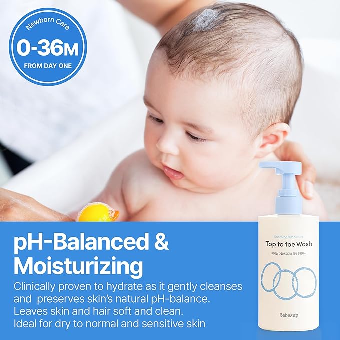 BEBESUP- Head to Toe Wash Baby Shampoo | Korean Skincare for Sensitive & Atopic Skin Organic Rice Cera Biome Hypoallergenic Coconut-Derived Cleanser Head to Toe Use 10.14 fl oz