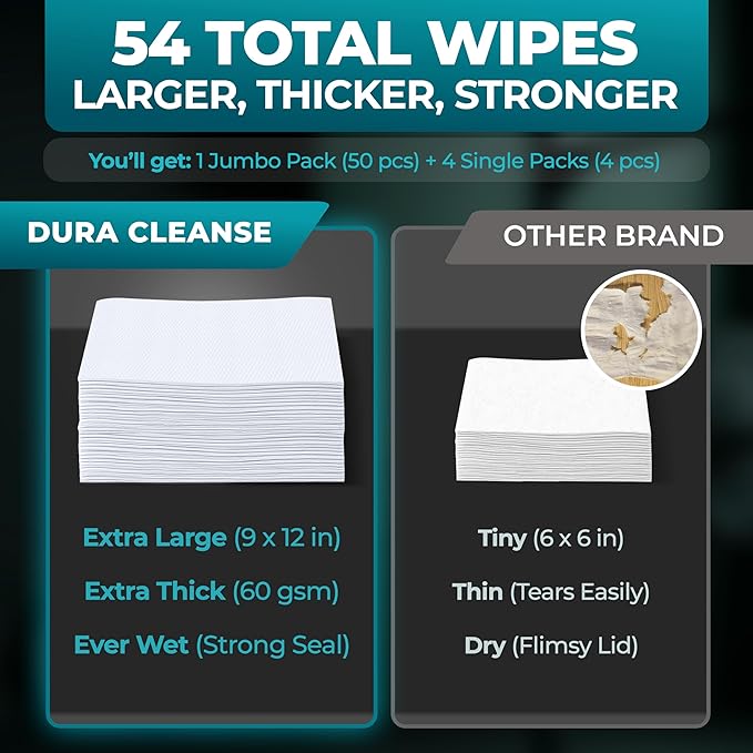 XL Body Wipes for Men - 50 No Rinse Shower Sheets + 4 Travel Bath Sachets - 9"x12" After Gym Mens Deodorant Wipes - Adult Disposable Washcloths, Face Towels for Camping Essentials & Survival Gear