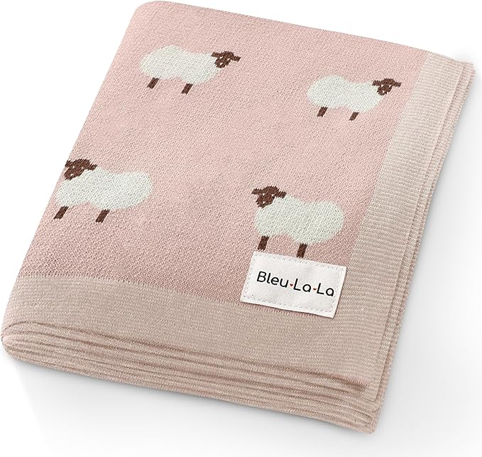 Luxury Knit Baby Receiving Blanket - 100% Cotton Soft Cozy Lightweight Receiving Swaddler Blanket for Shower Gift Registry for Newborns Infants Toddlers (Sheep - Light Pink)