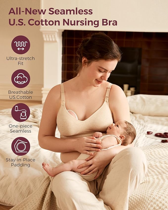 Momcozy Nursing Bras for Breastfeeding, Soft U.S. Cotton Seamless Maternity Bra, Fixed Padding, Wireless Pregnancy