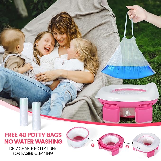 Orzbow Portable Potty Seat for Toddler Travel, Potty Training Toilet for Boys and Girls 18+ Months, Includes Storage Bag and 40pcs Disposable Liners, Travel Toddler Toilet Seat with Splash Guard, Pink