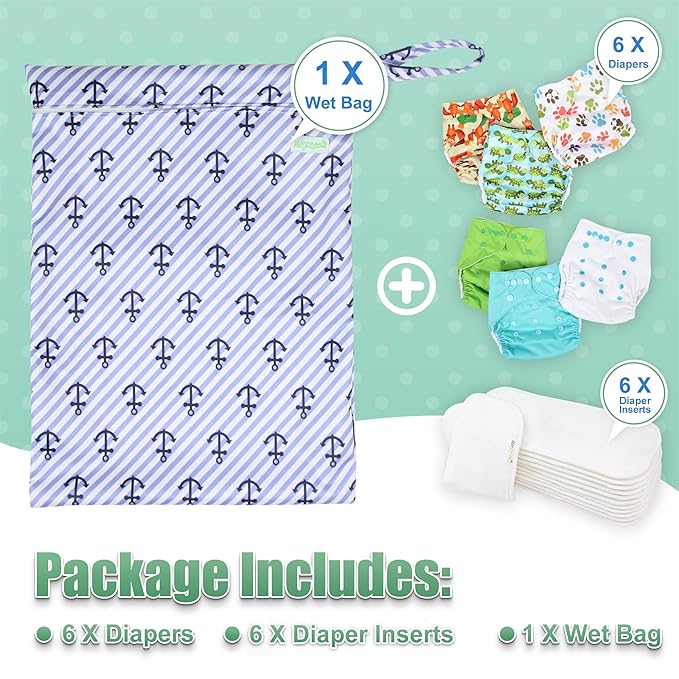 wegreeco Cloth Diapers 6 Pack with 6 Inserts & 1 Wet Bag, Washable Cloth Diapers for Babies, One Size Adjustable Reusable (Neutral Prints)