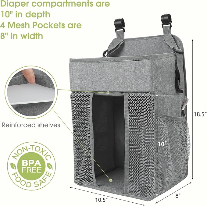 Maliton Changing Table Diaper Organizer - Baby Hanging Diaper Stacker Nursery Caddy Organizer for Cribs Playard Baby Essentials Storage - Hold 52+ Diapers - 18.5" x 10.5" x 8" (Gray)